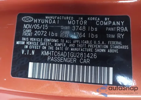 2016 Hyundai Veloster z USA, uszkodzony, nr VIN KMHTC6AD1GU281426